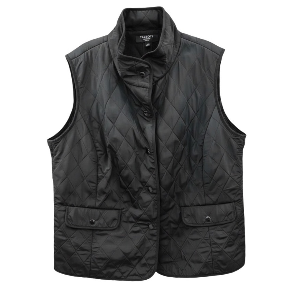 TALBOTS Black Quilted Vest FLEECE LINED Black Snaps w/Snap Pockets &Back Vents M